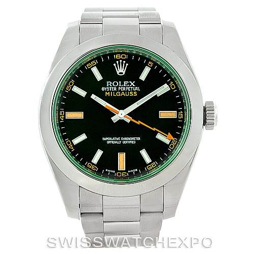 This image shows a front view of the Rolex Milgauss 116400V Men's Stainless Steel Black Dial 116400V Men's Stainless Steel Black Dial watch, highlighting the face, bezel, case, and parts of the bracelet.