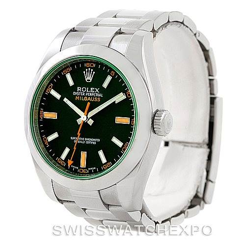 This image shows a front and angled side view of a Rolex Milgauss 116400V Men's Stainless Steel Black Dial 116400V Men's Stainless Steel Black Dial watch, displaying the face, bezel, case, band, and crown.