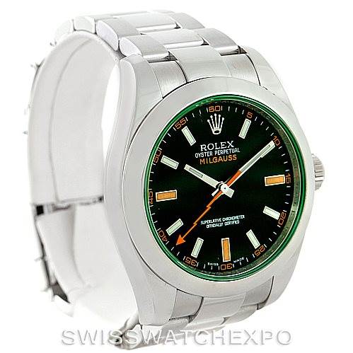 This image shows a front view of a Rolex Milgauss 116400V Men's Stainless Steel Black Dial 116400V Men's Stainless Steel Black Dial watch, displaying its green crystal, black dial, and stainless steel bracelet.