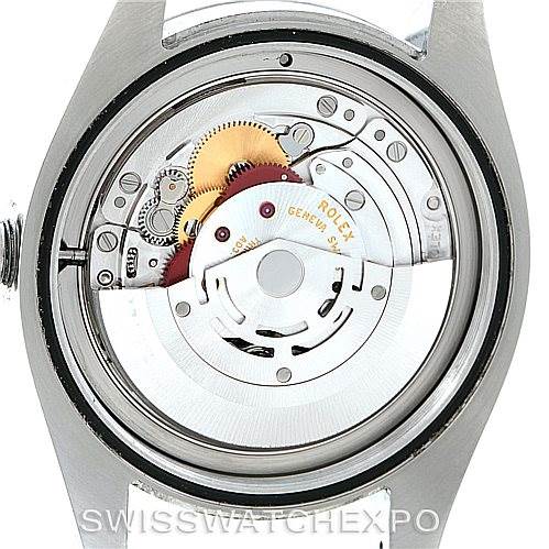 This image shows the inner mechanics and movement of a Rolex Milgauss 116400V Men's Stainless Steel Black Dial 116400V Men's Stainless Steel Black Dial watch from a rear angle.