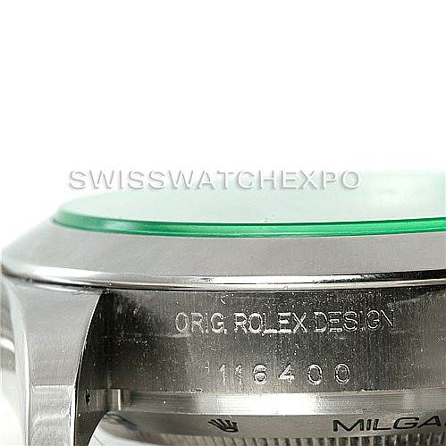 The image shows a close-up of the side of a Rolex Milgauss 116400V Men's Stainless Steel Black Dial 116400V Men's Stainless Steel Black Dial watch, focusing on the model number and design inscriptions.