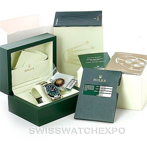 The image shows a Rolex Milgauss 116400V Men's Stainless Steel Black Dial 116400V Men's Stainless Steel Black Dial watch with its box, warranty card, manuals, and accessories from an angled top-down perspective.