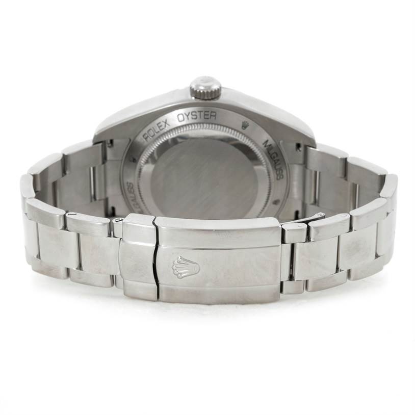 The image shows the back view of a Rolex Milgauss 116400 Men
s Stainless Steel Black Dial 116400 Men
s Stainless Steel Black Dial watch, including its case back, bracelet, and clasp.