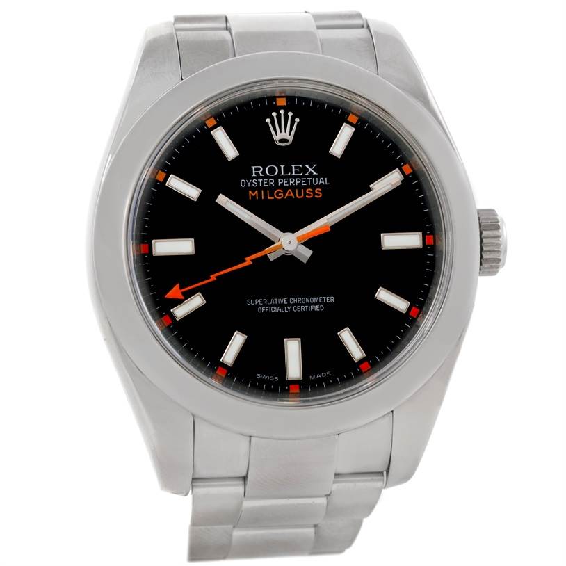 This image shows a frontal view of a Rolex Milgauss 116400 Men
s Stainless Steel Black Dial 116400 Men
s Stainless Steel Black Dial watch, highlighting its black dial, orange lightning bolt seconds hand, and stainless steel bracelet.