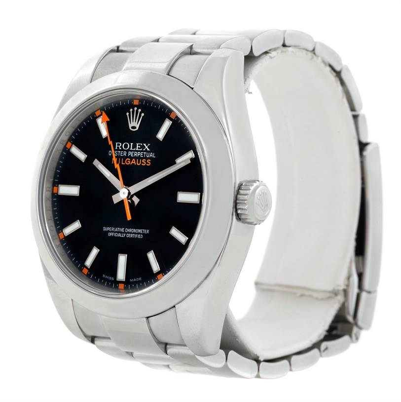 The image shows a Rolex Milgauss 116400 Men
s Stainless Steel Black Dial 116400 Men
s Stainless Steel Black Dial watch at a slight angle from the front, displaying the face, bezel, crown, and part of the bracelet.