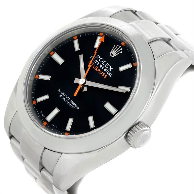 The Rolex Milgauss 116400 Men
s Stainless Steel Black Dial 116400 Men
s Stainless Steel Black Dial watch is shown at a three-quarter angle, displaying the dial, crown, and part of the stainless steel bracelet.
