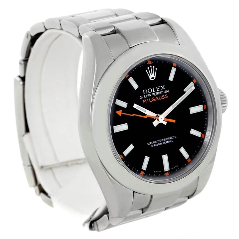 The image shows a front angle of the Rolex Milgauss 116400 Men
s Stainless Steel Black Dial 116400 Men
s Stainless Steel Black Dial watch, highlighting its dial and stainless steel bracelet.