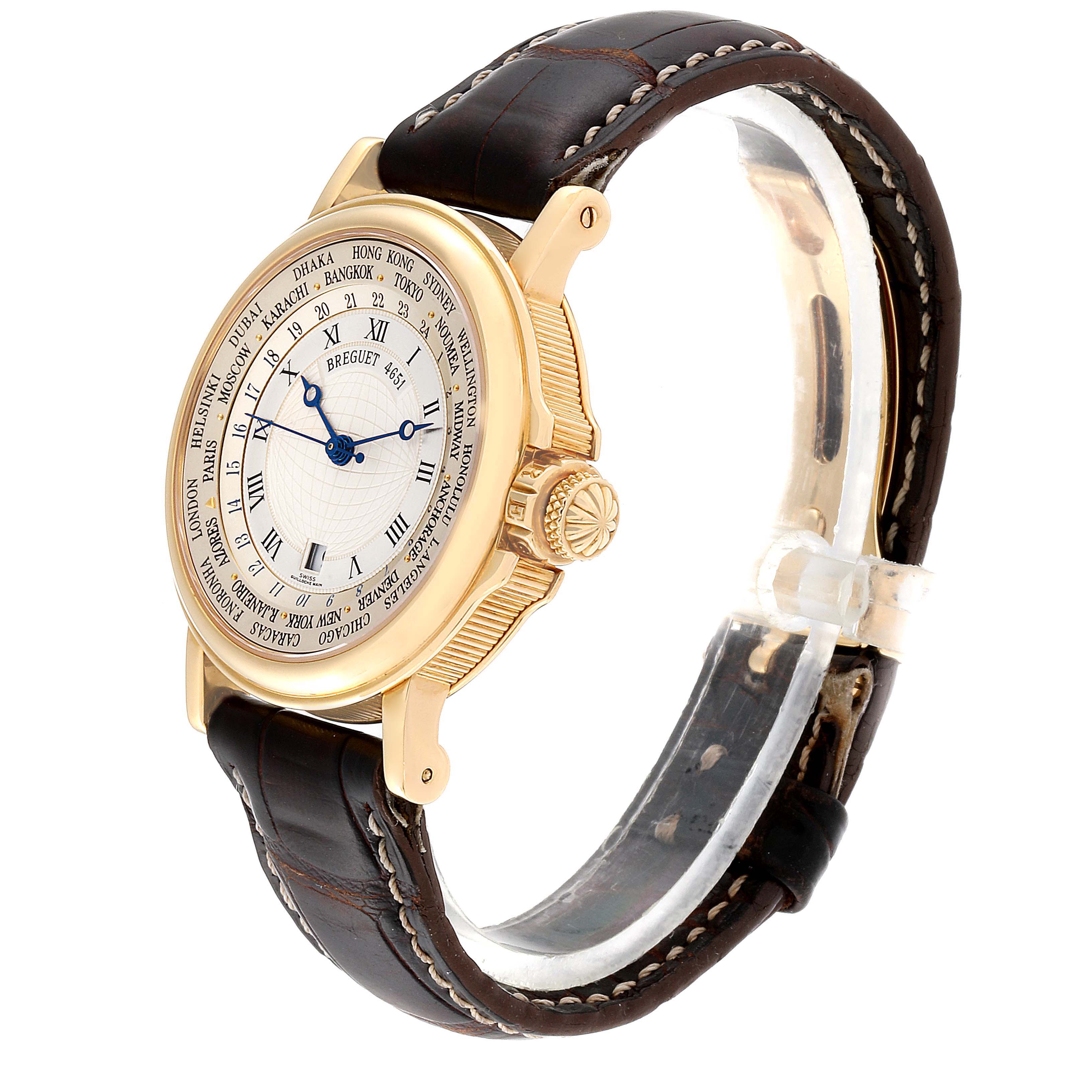 The Breguet Marine 3700 Men's Yellow Gold Silver Dial 3700 Men's Yellow Gold Silver Dial watch is shown at a tilted side angle, displaying the dial, crown, and leather strap.