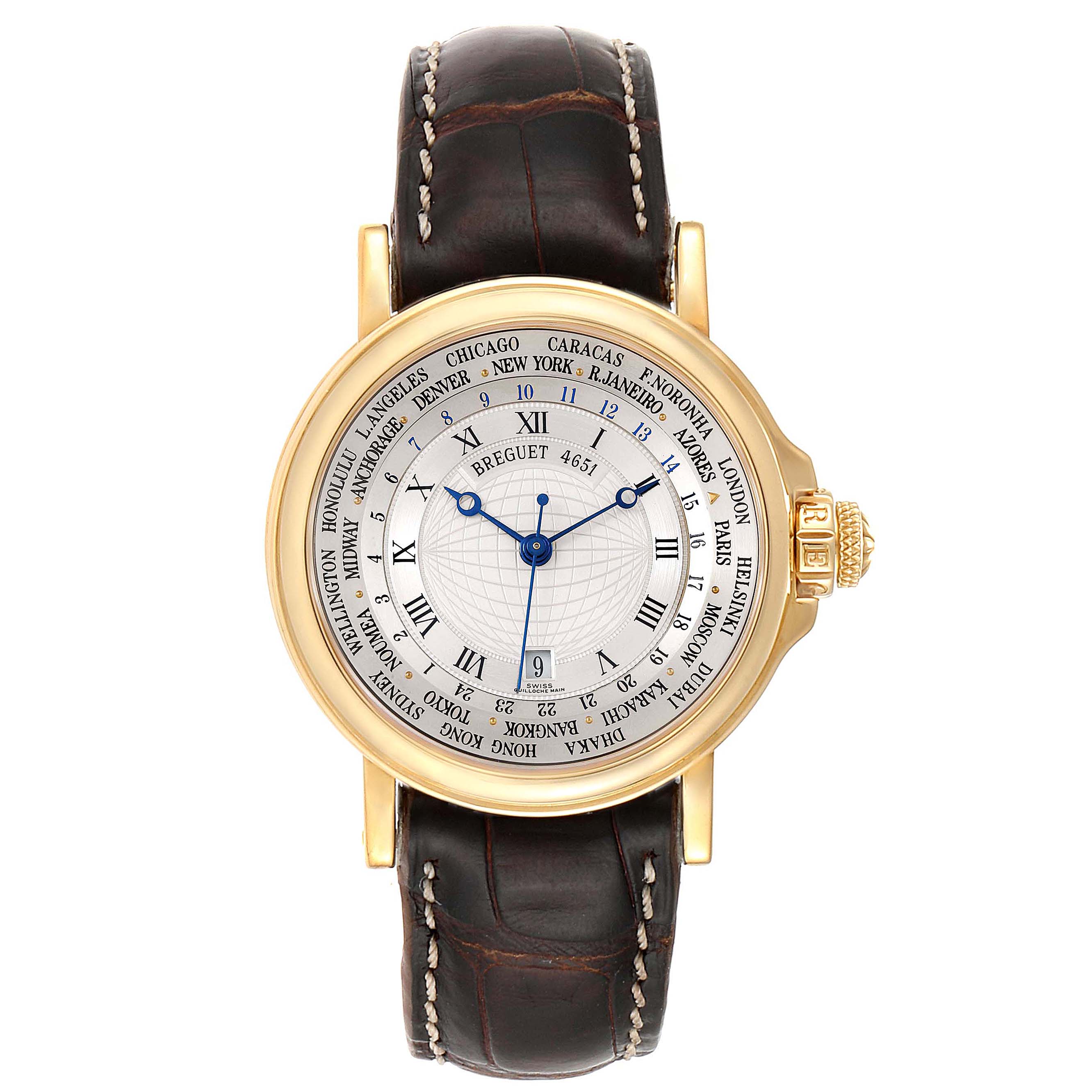 This image shows a front view of the Breguet Marine 3700 Men's Yellow Gold Silver Dial 3700 Men's Yellow Gold Silver Dial model watch, displaying the dial, bezel, crown, and leather strap.
