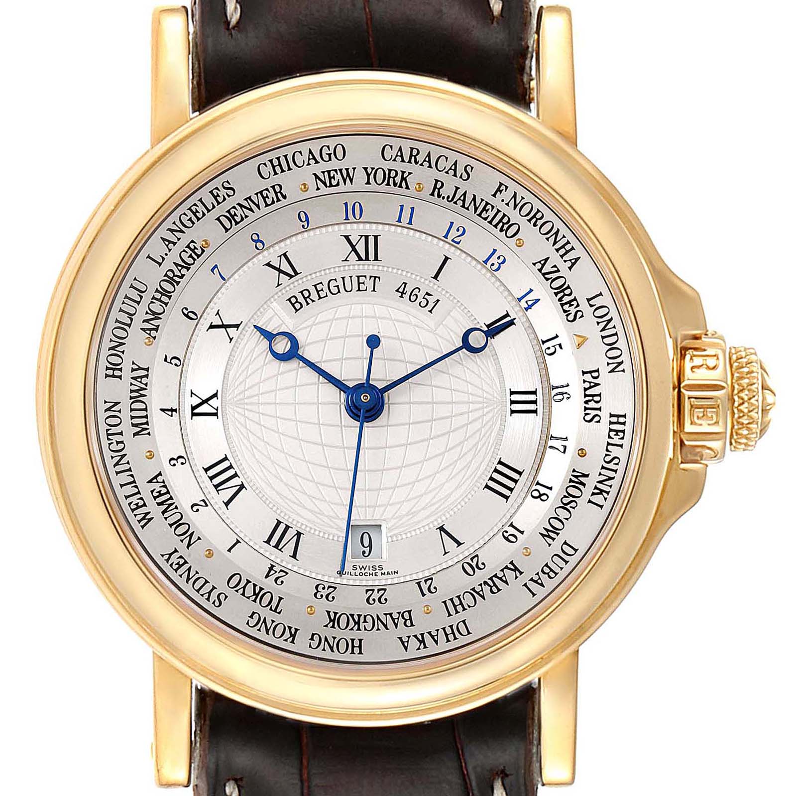 The image shows a front view of the Breguet Marine 3700 Men's Yellow Gold Silver Dial 3700 Men's Yellow Gold Silver Dial watch model, highlighting the dial, bezel, and crown.