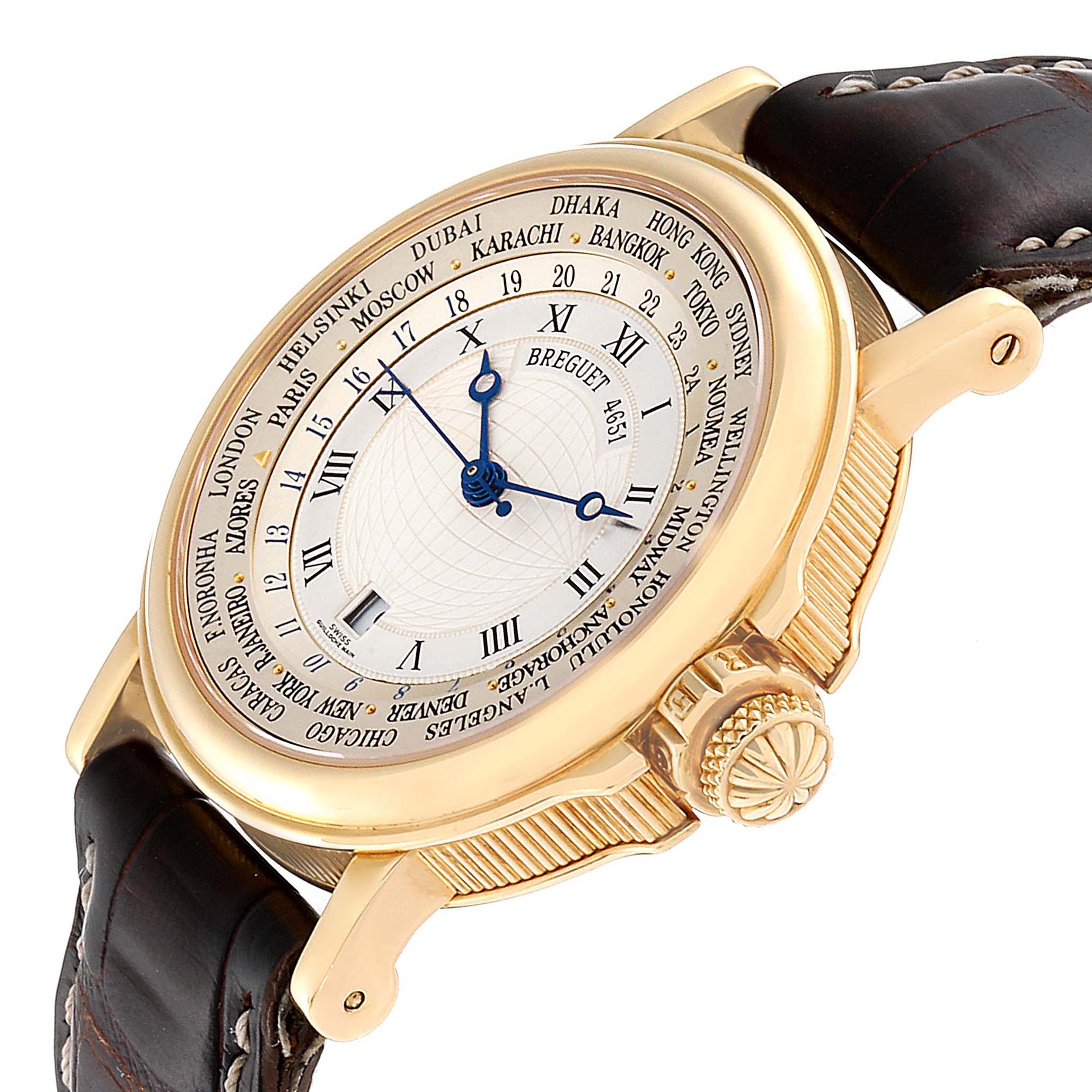 The image shows a Breguet Marine 3700 Men's Yellow Gold Silver Dial 3700 Men's Yellow Gold Silver Dial model watch from a side angle, highlighting the dial, casing, crown, and leather strap.