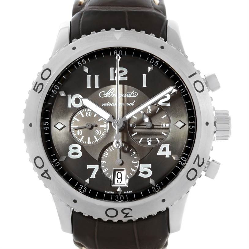 The Breguet Type XX - XXI - XXII 3810ST/92/9ZU Men's Stainless Steel Silver Dial 3810ST/92/9ZU Men's Stainless Steel Silver Dial watch is shown from the front, highlighting its bezel, dial, subdials, hands, and date window.