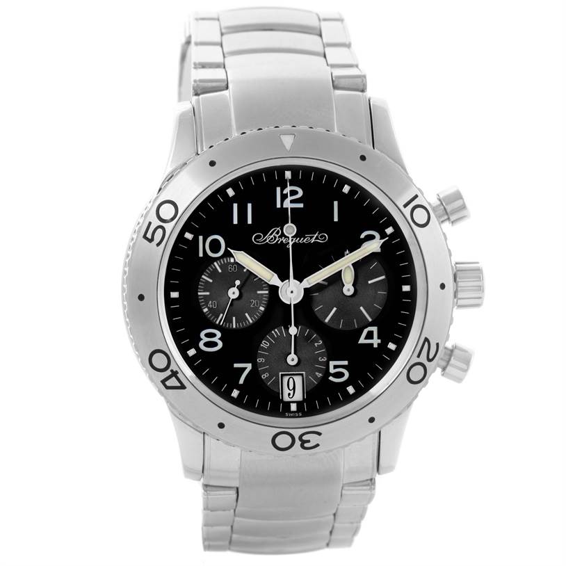 This image shows a front view of the Breguet Type XX - XXI - XXII 3820ST/H2/SW9 Men's Stainless Steel Black Dial 3820ST/H2/SW9 Men's Stainless Steel Black Dial model watch, displaying the dial, bezel, and bracelet.