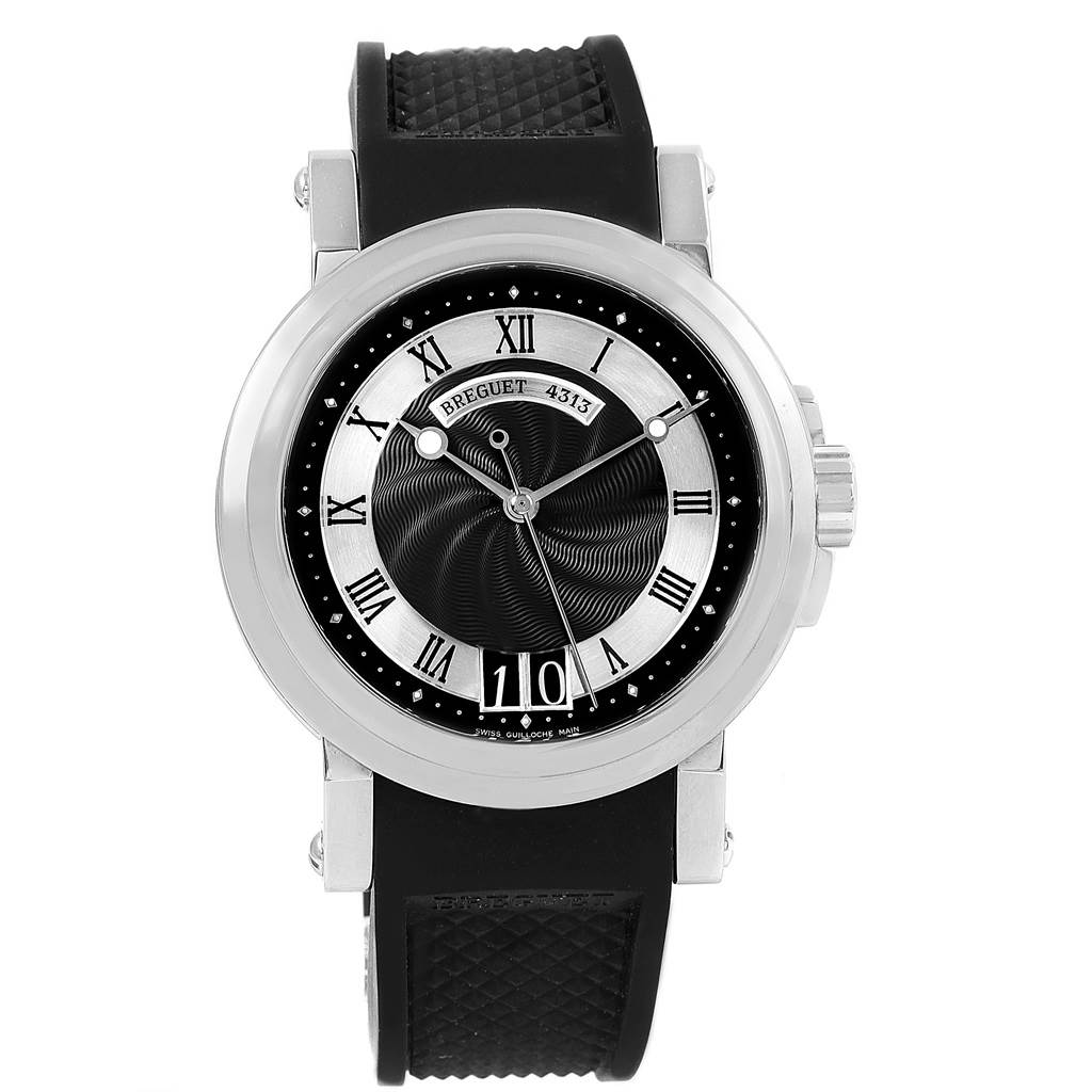 The image shows a front view of the Breguet Marine 5817ST/12/5V8 Men's Stainless Steel Black Dial 5817ST/12/5V8 Men's Stainless Steel Black Dial model watch, displaying its dial, bezel, and rubber strap.