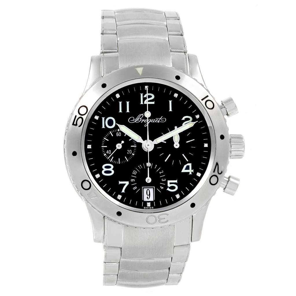 The image shows a frontal view of the Breguet Type XX - XXI - XXII 3820ST/H2/SW9 Men's Stainless Steel Black Dial 3820ST/H2/SW9 Men's Stainless Steel Black Dial watch, displaying its dial, bezel, and metal bracelet.