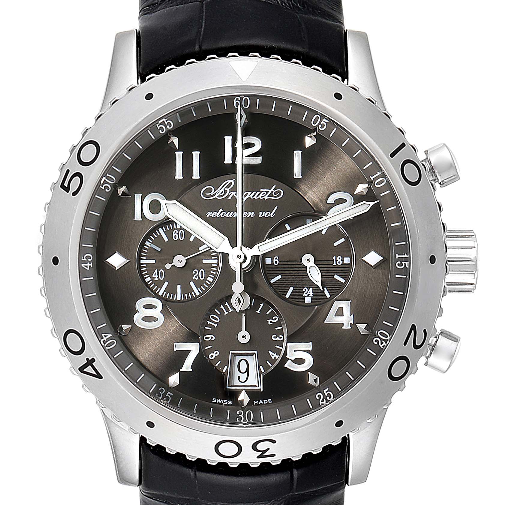This image shows a front view of a Breguet Type XX - XXI - XXII 3810ST/92/9ZU Men's Stainless Steel Silver Dial 3810ST/92/9ZU Men's Stainless Steel Silver Dial watch, displaying its dial, bezel, and leather strap.