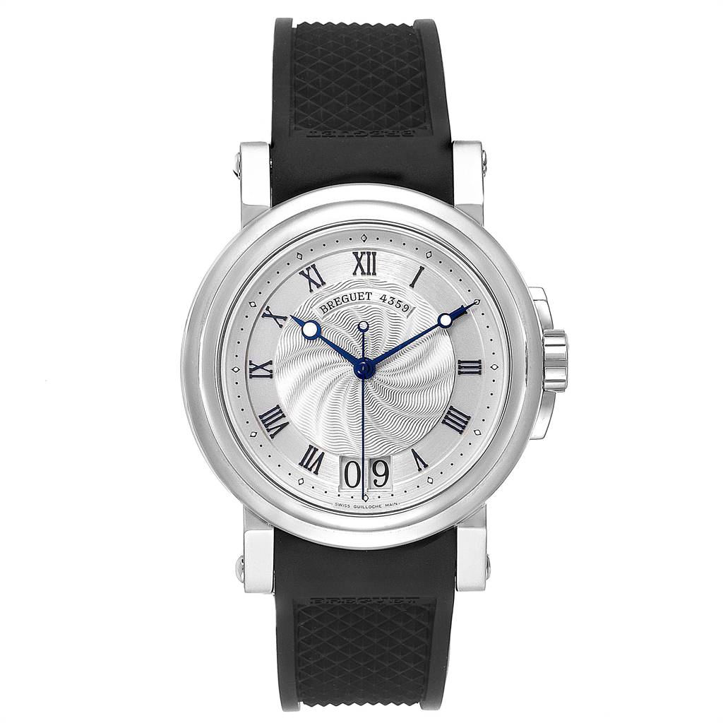 This is a front view of the Breguet Marine 5817ST/12/5V8 Men's Stainless Steel Silver Dial 5817ST/12/5V8 Men's Stainless Steel Silver Dial watch, displaying the dial, case, and black strap.