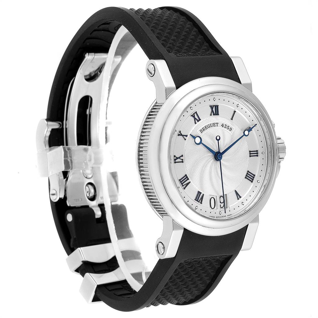 The Breguet Marine 5817ST/12/5V8 Men's Stainless Steel Silver Dial 5817ST/12/5V8 Men's Stainless Steel Silver Dial model watch is shown at a slight angle, highlighting its face, bezel, and black rubber strap.