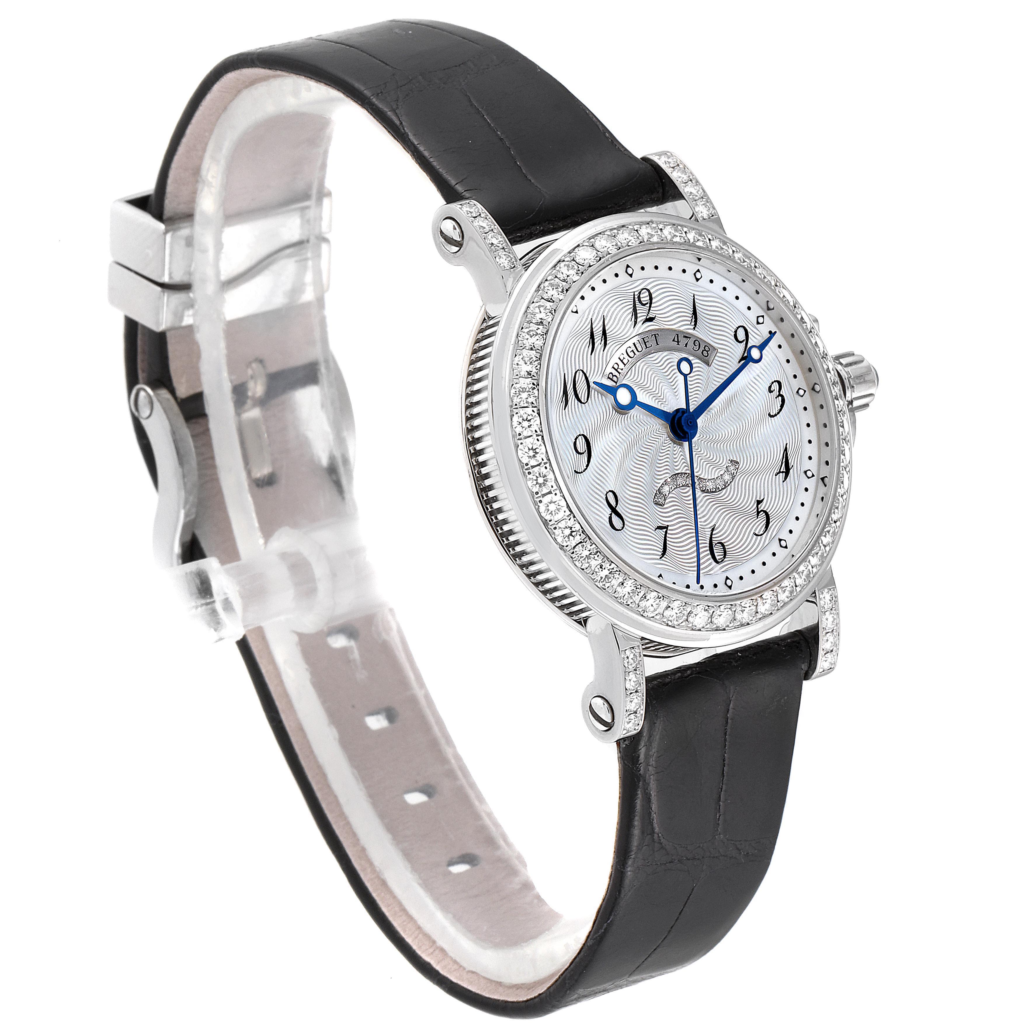 The image shows a side angle of the Breguet Women's White Gold Mother of Pearl Dial Women's White Gold Mother of Pearl Dial Classique 8818 White Gold Mother Of Pearl Diamond Ladies Watch, highlighting the face and strap.