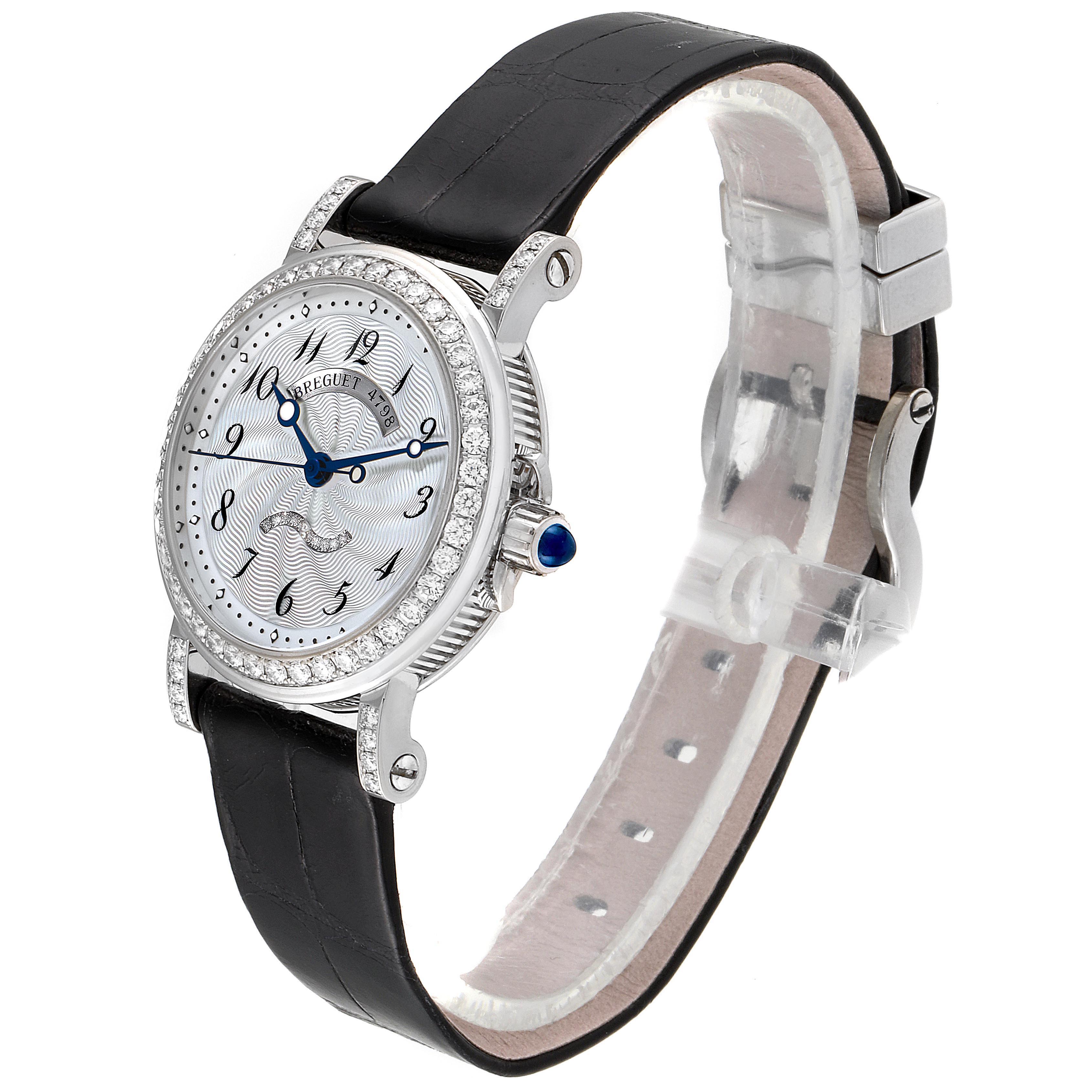 The Breguet Women's White Gold Mother of Pearl Dial Women's White Gold Mother of Pearl Dial Classique 8818 White Gold Mother Of Pearl Diamond Ladies Watch is shown at a three-quarter angle displaying the face, bezel, and strap.
