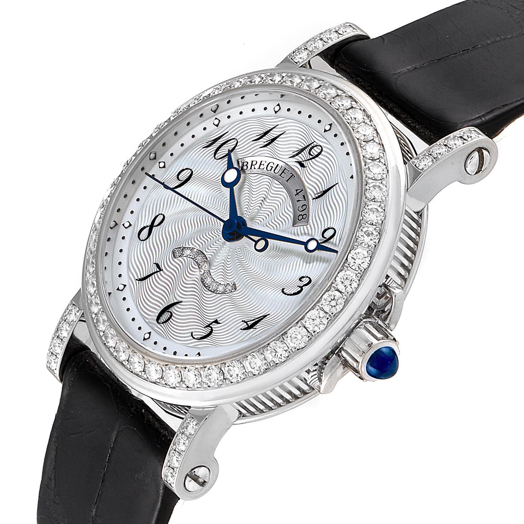 The image shows a side angle view of the Breguet Women's White Gold Mother of Pearl Dial Women's White Gold Mother of Pearl Dial Classique 8818 watch, highlighting the bezel, dial, crown, and strap.