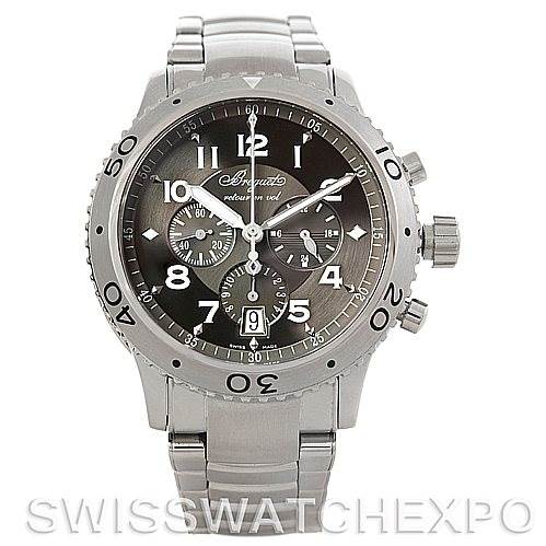 The image shows a front view of the Breguet Type XX - XXI - XXII 80473 Men's Stainless Steel Silver Dial 80473 Men's Stainless Steel Silver Dial watch, displaying the full dial, bezel, and bracelet.