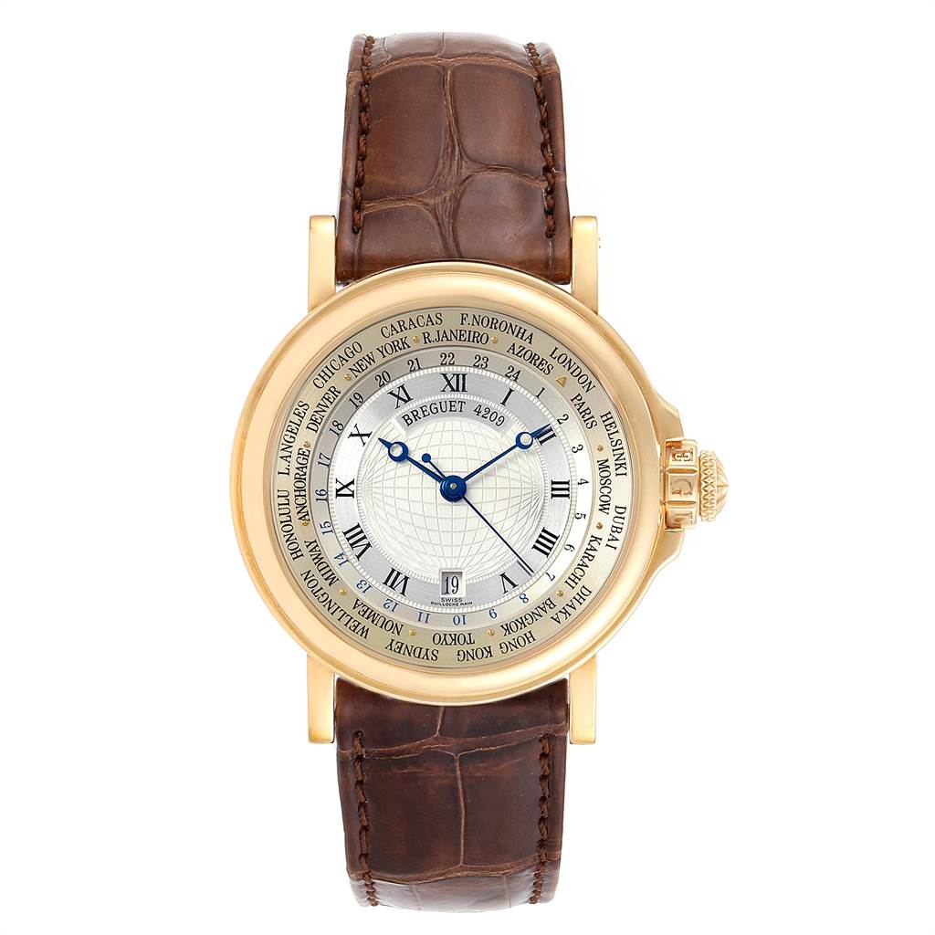The Breguet Marine Men's Yellow Gold Silver Dial Men's Yellow Gold Silver Dial model watch is shown from a top-down angle, displaying the dial, hands, bezel, and leather strap.