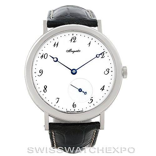 The image shows a frontal view of the Breguet Classique 5140BB/29/9W6 Men's White Gold White Dial 5140BB/29/9W6 Men's White Gold White Dial watch, displaying its face, hands, and black leather strap.