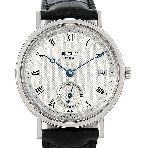 This image shows a front angle of the Breguet Classique 5920BB/15/984 Men's White Gold Silver Dial 5920BB/15/984 Men's White Gold Silver Dial watch, featuring Roman numerals, blue hands, and a leather strap.