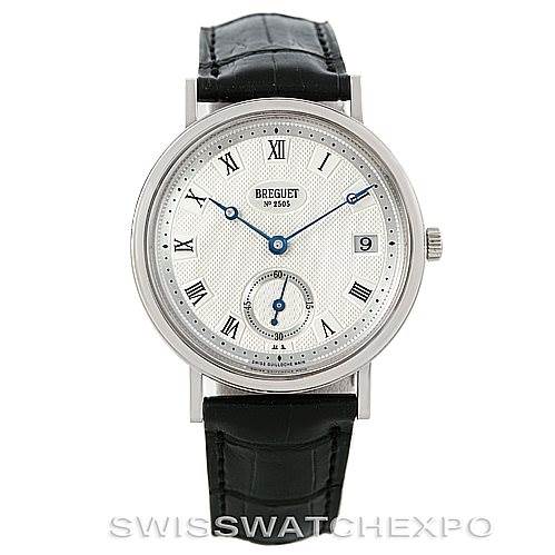 The image shows a front view of the Breguet Classique 5920BB/15/984 Men's White Gold Silver Dial 5920BB/15/984 Men's White Gold Silver Dial watch, highlighting its face, Roman numerals, hands, date window, and leather strap.
