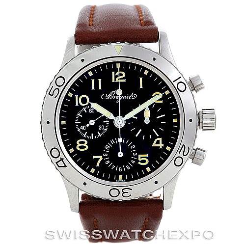 The image shows a frontal view of a Breguet Type XX - XXI - XXII 3800ST/92/9W6 Men's Stainless Steel Black Dial 3800ST/92/9W6 Men's Stainless Steel Black Dial watch, highlighting the dial, bezel, crown, and leather strap.