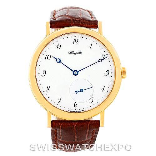 This image shows a frontal view of a Breguet Classique 5140BA/29/9W6 Men's Yellow Gold White Dial 5140BA/29/9W6 Men's Yellow Gold White Dial watch with a gold case, white dial, blue hands, and a brown leather strap.