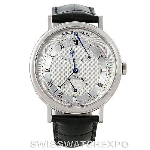 This image shows the front view of a Breguet Classique 5207BB129V6 Men's White Gold Silver Dial 5207BB129V6 Men's White Gold Silver Dial watch, highlighting its dial, Roman numerals, and leather strap.