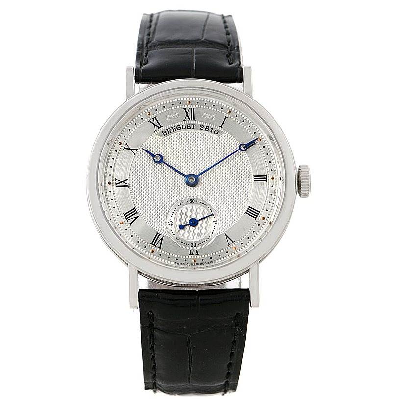 The image shows the front of the Breguet Classique 5907 Men's White Gold Silver Dial 5907 Men's White Gold Silver Dial watch with its dial, hands, and leather strap clearly visible.