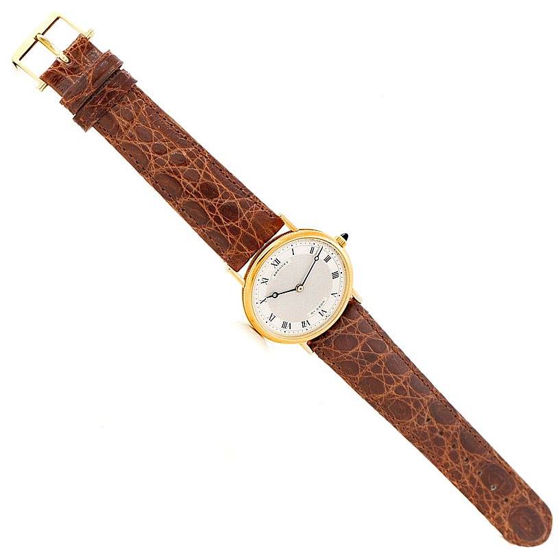 The image shows a Breguet Classique 3200 Men's Yellow Gold Silver Dial 3200 Men's Yellow Gold Silver Dial watch from a top-down angle, displaying its dial, brown leather strap, and gold case.