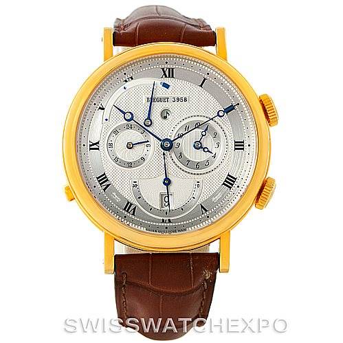 The image shows a front view of the Breguet Classique 5707 Men's Yellow Gold Silver Dial 5707 Men's Yellow Gold Silver Dial watch with its detailed dial and brown leather strap.