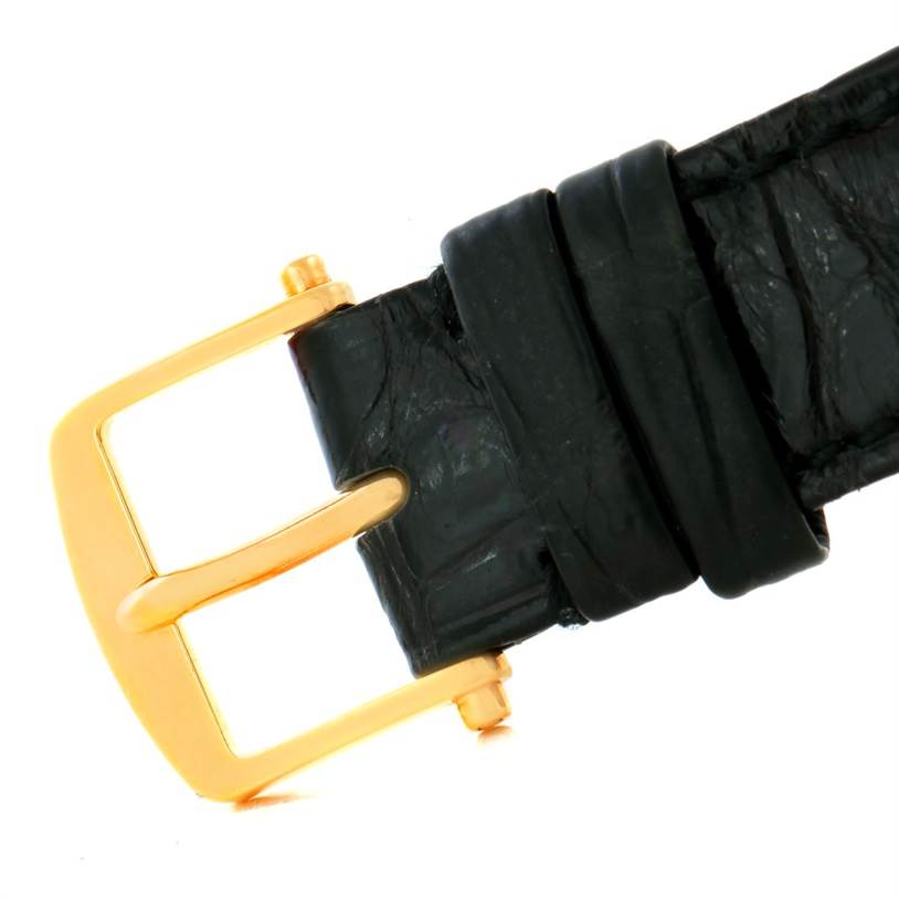 This image shows the gold buckle and black leather strap of the Breguet 3637BA/12/986 Men's Yellow Gold Silver Dial 3637BA/12/986 Men's Yellow Gold Silver Dial Minute Repeater 18K Yellow Gold Watch 3637.