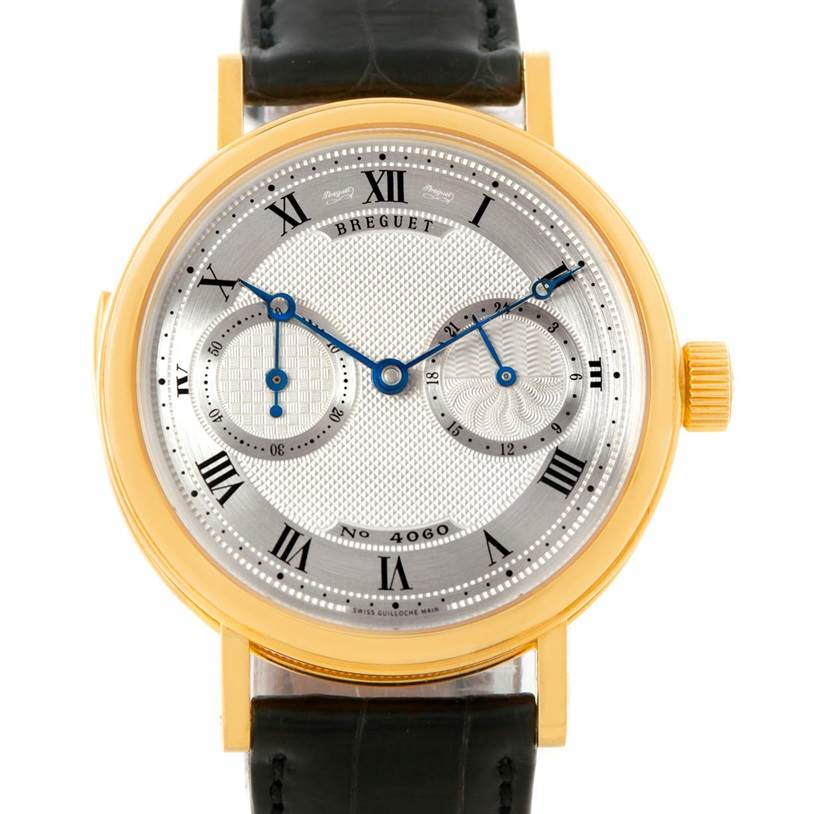 The image shows a front view of the Breguet 3637BA/12/986 Men's Yellow Gold Silver Dial 3637BA/12/986 Men's Yellow Gold Silver Dial Minute Repeater 18K Yellow Gold Watch 3637, highlighting its dial, case, and crown.