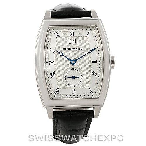 This image showcases a Breguet Heritage 5480 Men's White Gold Silver Dial 5480 Men's White Gold Silver Dial model watch, displaying its rectangular face, silver dial, blue hands, and black leather strap.