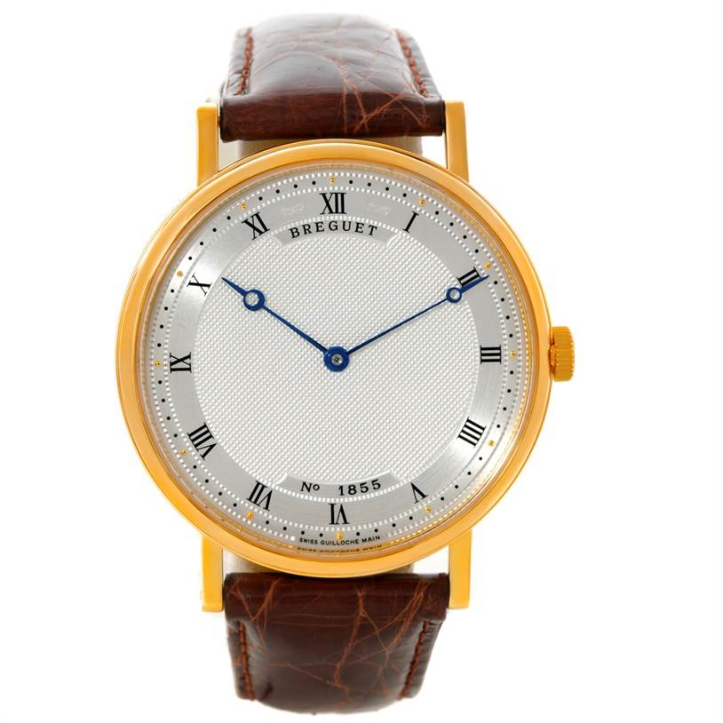 The image shows a front view of the Breguet Classique 5157 Men's Yellow Gold Silver Dial 5157 Men's Yellow Gold Silver Dial model watch, featuring its dial, hands, case, and leather strap.