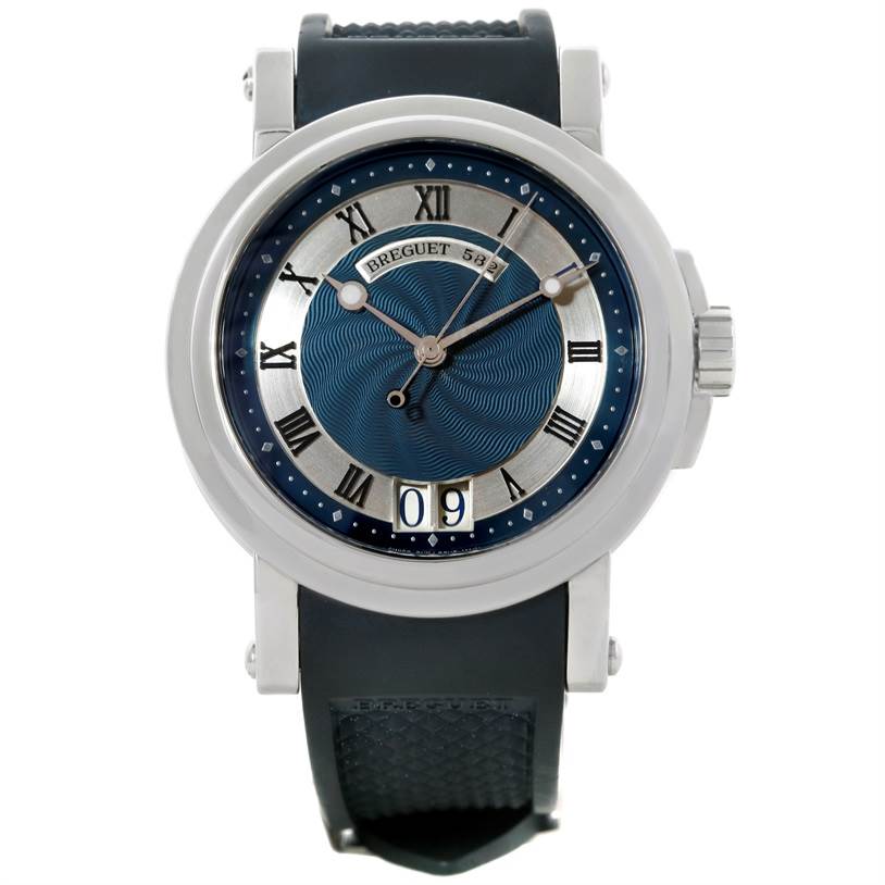 The image shows a frontal view of the dial and band of the Breguet Marine 5817 Men's Stainless Steel Blue Dial 5817 Men's Stainless Steel Blue Dial model watch.