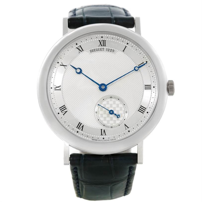 The image shows a front view of the Breguet Classique 5140 Men's White Gold Silver Dial 5140 Men's White Gold Silver Dial model watch, displaying its face, hands, and leather strap.