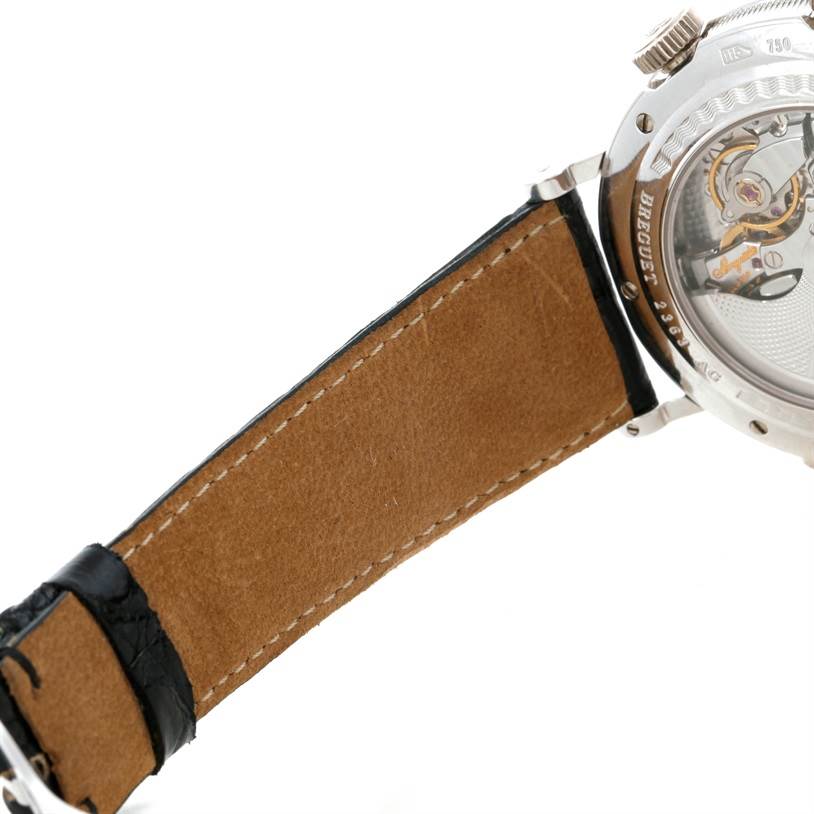 The image shows the back view of a Breguet Classique 5707 Men's White Gold Silver Dial 5707 Men's White Gold Silver Dial watch, focusing on the strap and case back.