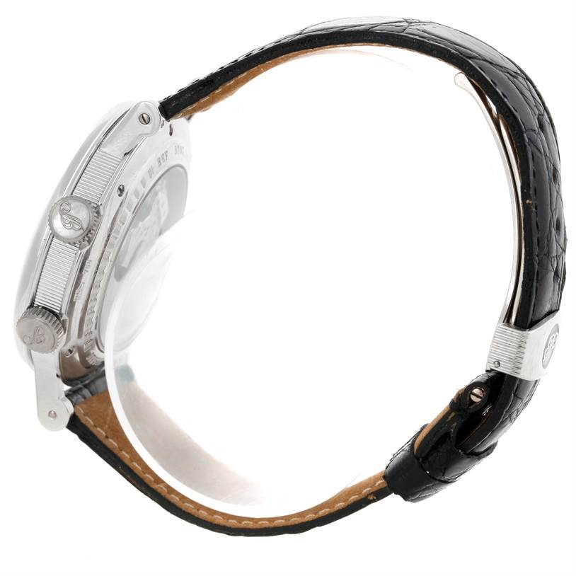 The image shows a side view of the Breguet Classique 5707 Men's White Gold Silver Dial 5707 Men's White Gold Silver Dial watch, focusing on the case, crown, and leather strap.