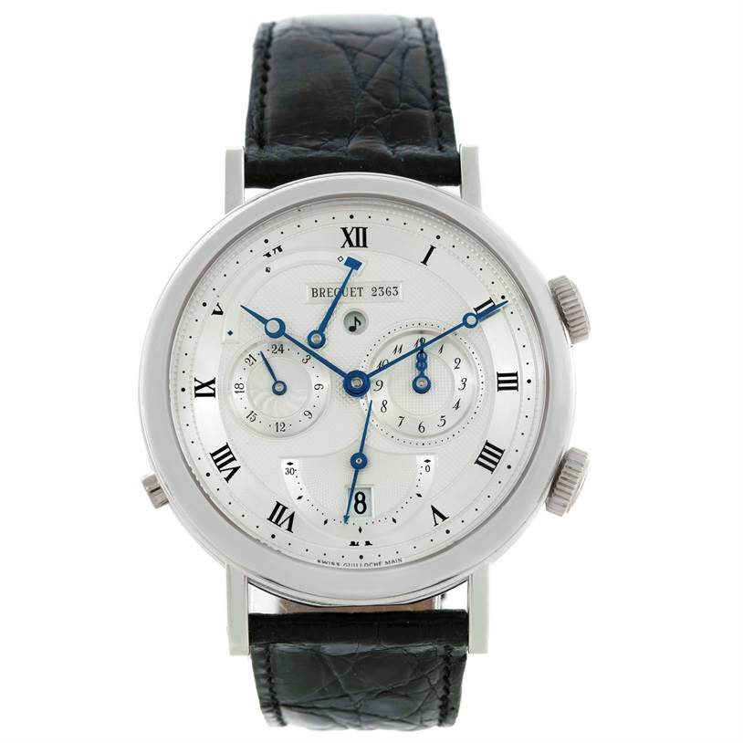 The image shows a frontal view of the Breguet Classique 5707 Men's White Gold Silver Dial 5707 Men's White Gold Silver Dial watch, displaying its dial, hands, and leather strap.
