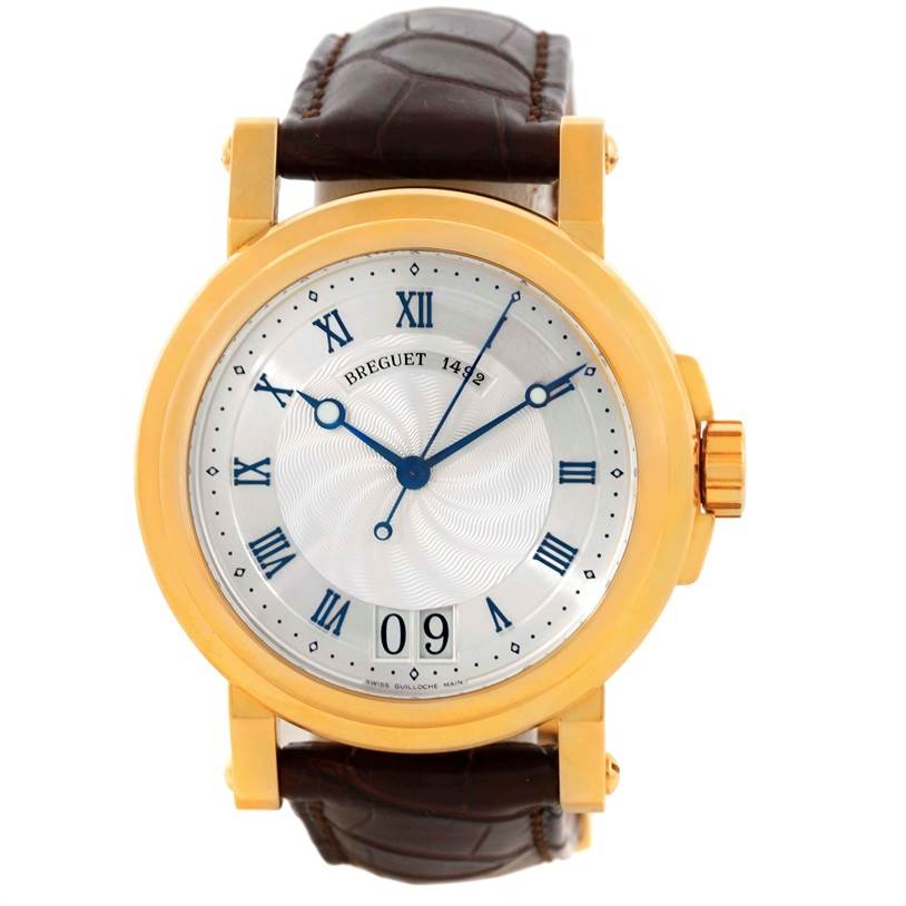 This is a front view of the Breguet Marine 5817BA/12/9V8 Men's Yellow Gold Silver Dial 5817BA/12/9V8 Men's Yellow Gold Silver Dial model watch showing the dial, hands, crown, and leather strap.
