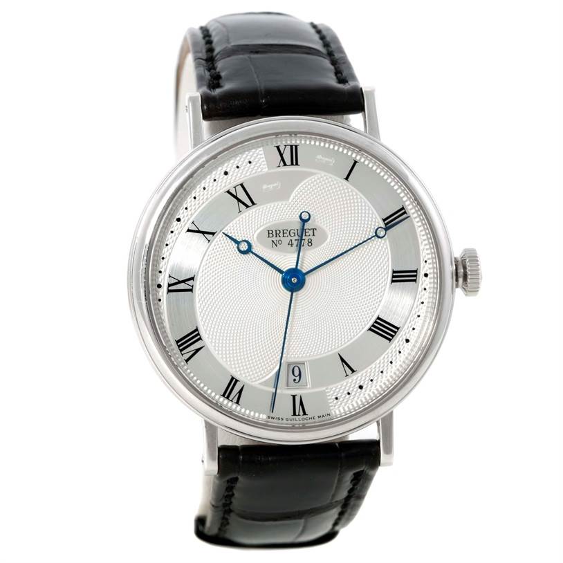 The Breguet Classique 5197BB/15/986 Men's White Gold Silver Dial 5197BB/15/986 Men's White Gold Silver Dial watch is shown from a front angle, displaying its dial, hands, and leather strap.