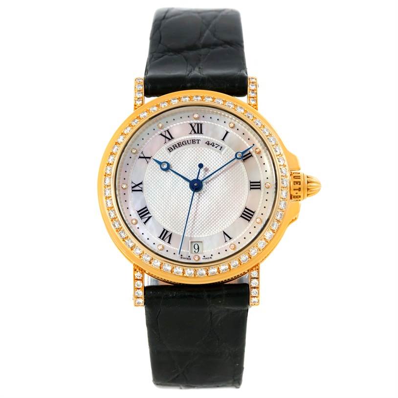 This image shows a front view of the Breguet Marine 4471D Women's Yellow Gold Mother of Pearl Dial 4471D Women's Yellow Gold Mother of Pearl Dial model watch with a black leather strap and a diamond-encrusted gold bezel.