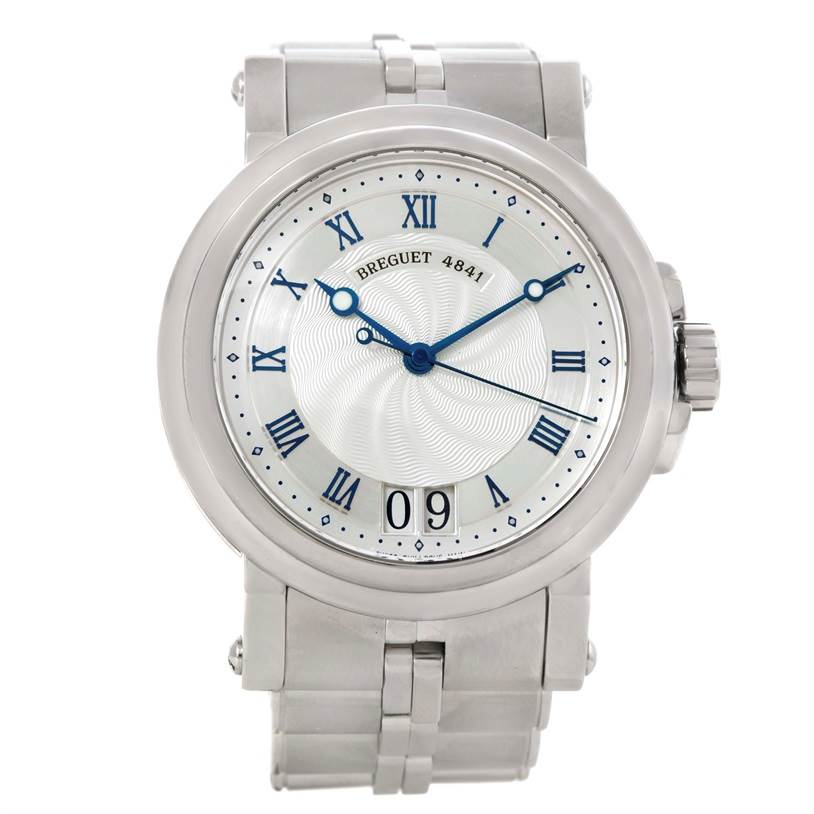 The image shows a front view of the Breguet Marine 5817ST/12/SM0 Men's Stainless Steel Silver Dial 5817ST/12/SM0 Men's Stainless Steel Silver Dial watch, highlighting its dial, bezel, bracelet, and crown.