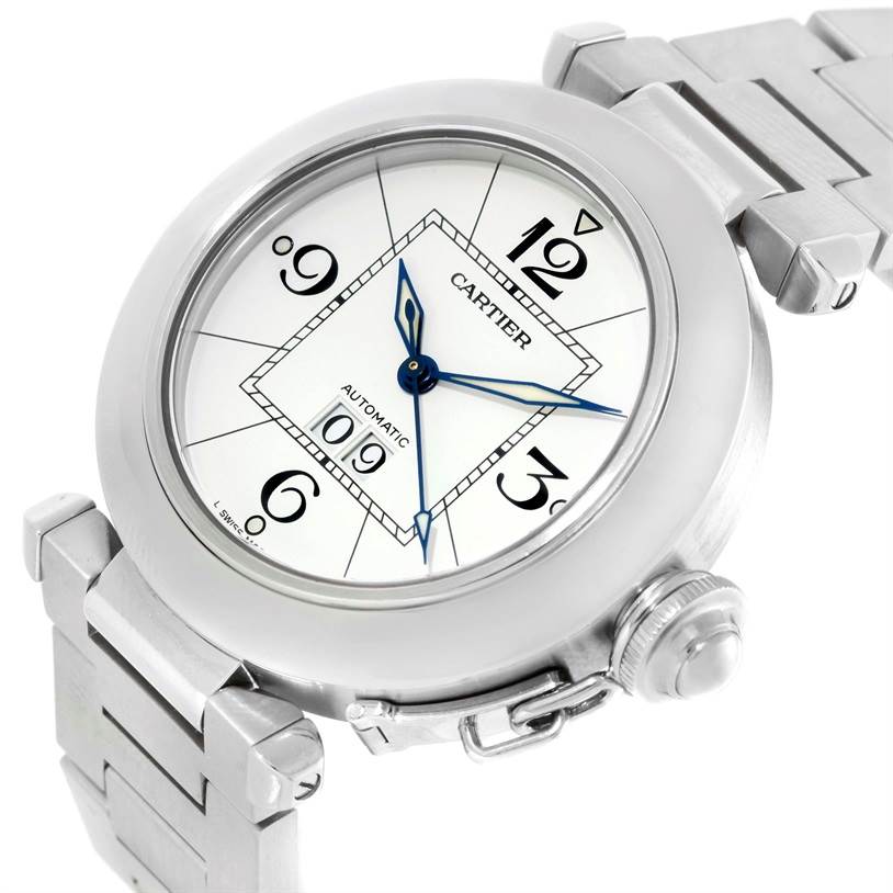 The image shows a top view of the Cartier Pasha W31055M7 Stainless Steel White Dial W31055M7 Stainless Steel White Dial watch, highlighting the dial, hands, bracelet, and crown.